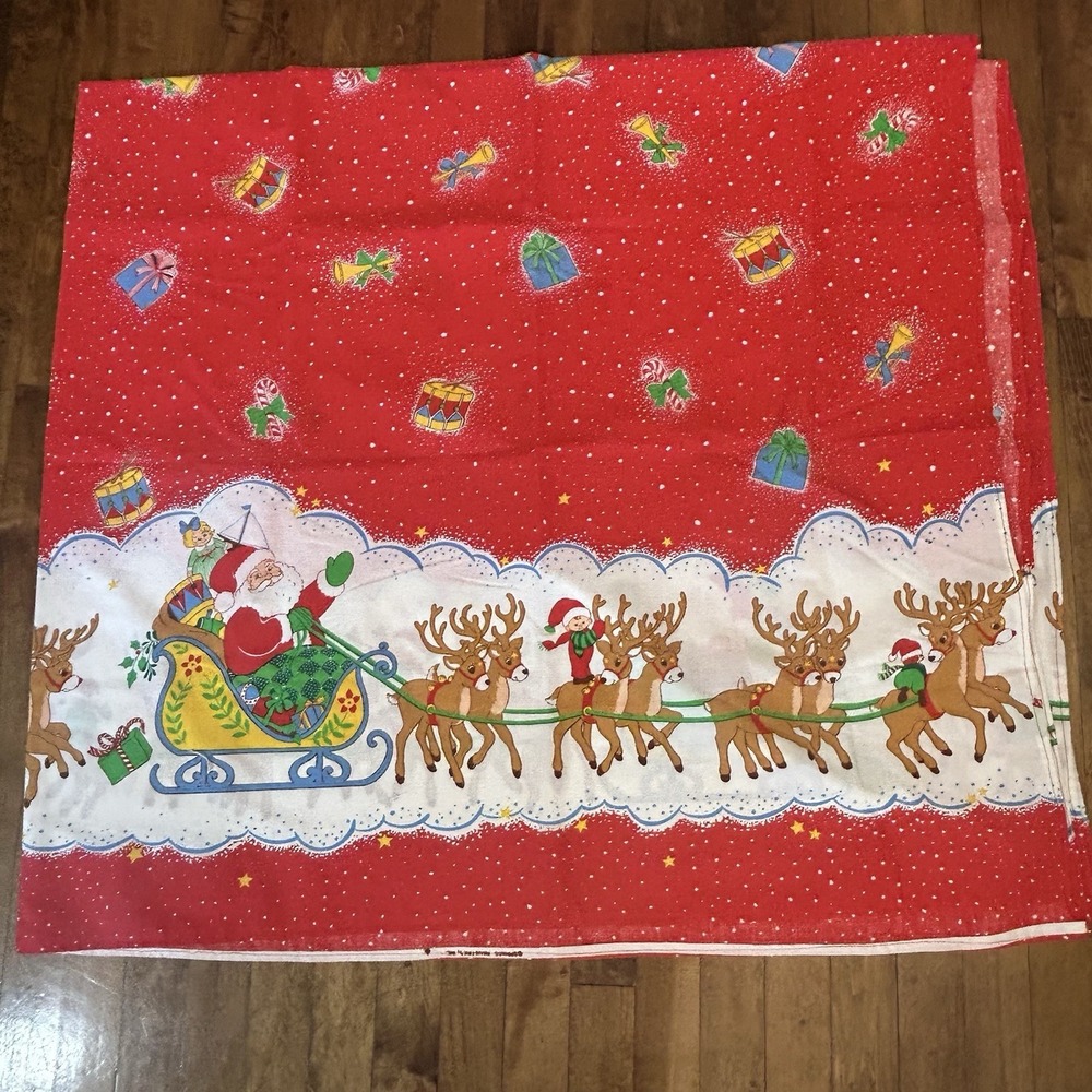 Vtg Springs Industries Christmas Santa Sleigh Reindeer Tablecloth Fabric 76x70